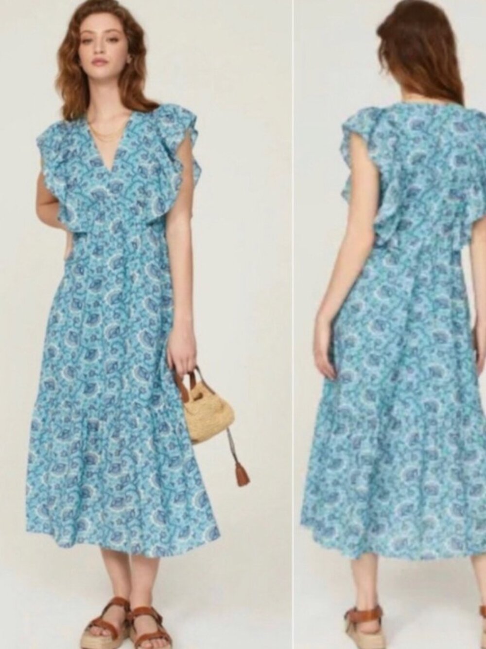 Rhode Tasha Midi Dress in Aqua Lotus V Neck Flutter sleeve tiered Cotton maxi 68